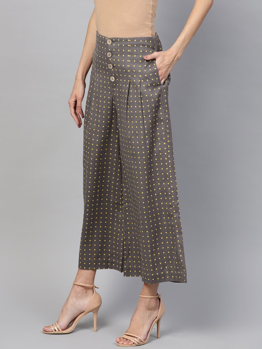 Women's Grey Polka Wood Button Culottes