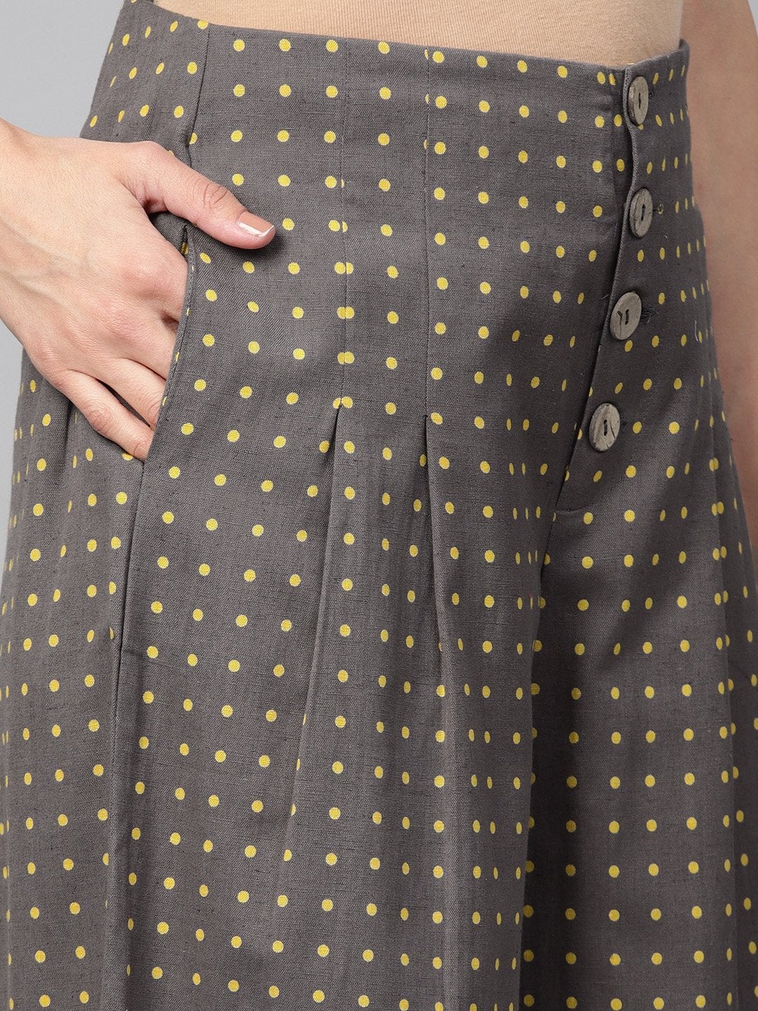 Women's Grey Polka Wood Button Culottes
