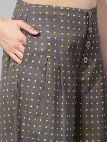 Women's Grey Polka Wood Button Culottes