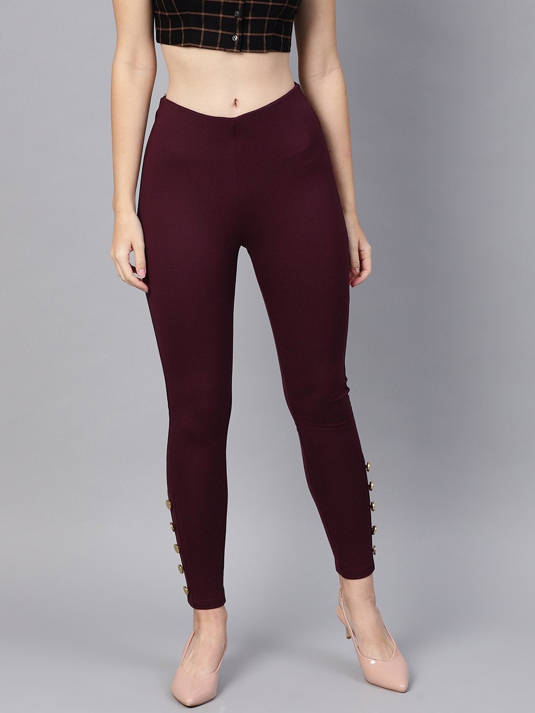 Women's Wine Knitted Button Detail Jeggings