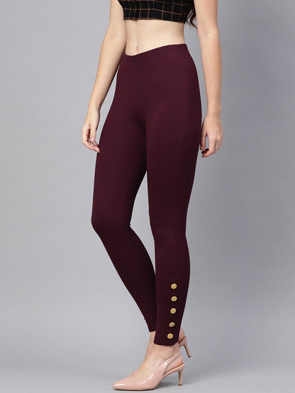 Women's Wine Knitted Button Detail Jeggings