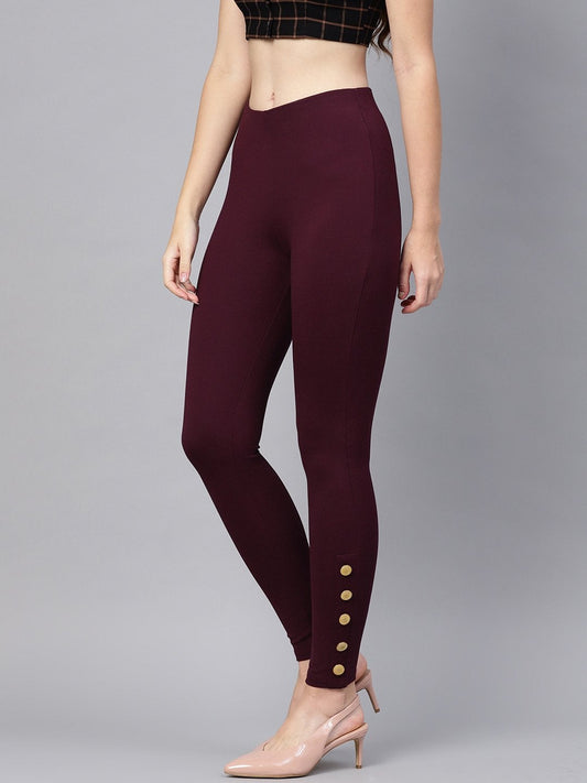 Women's Wine Knitted Button Detail Jeggings