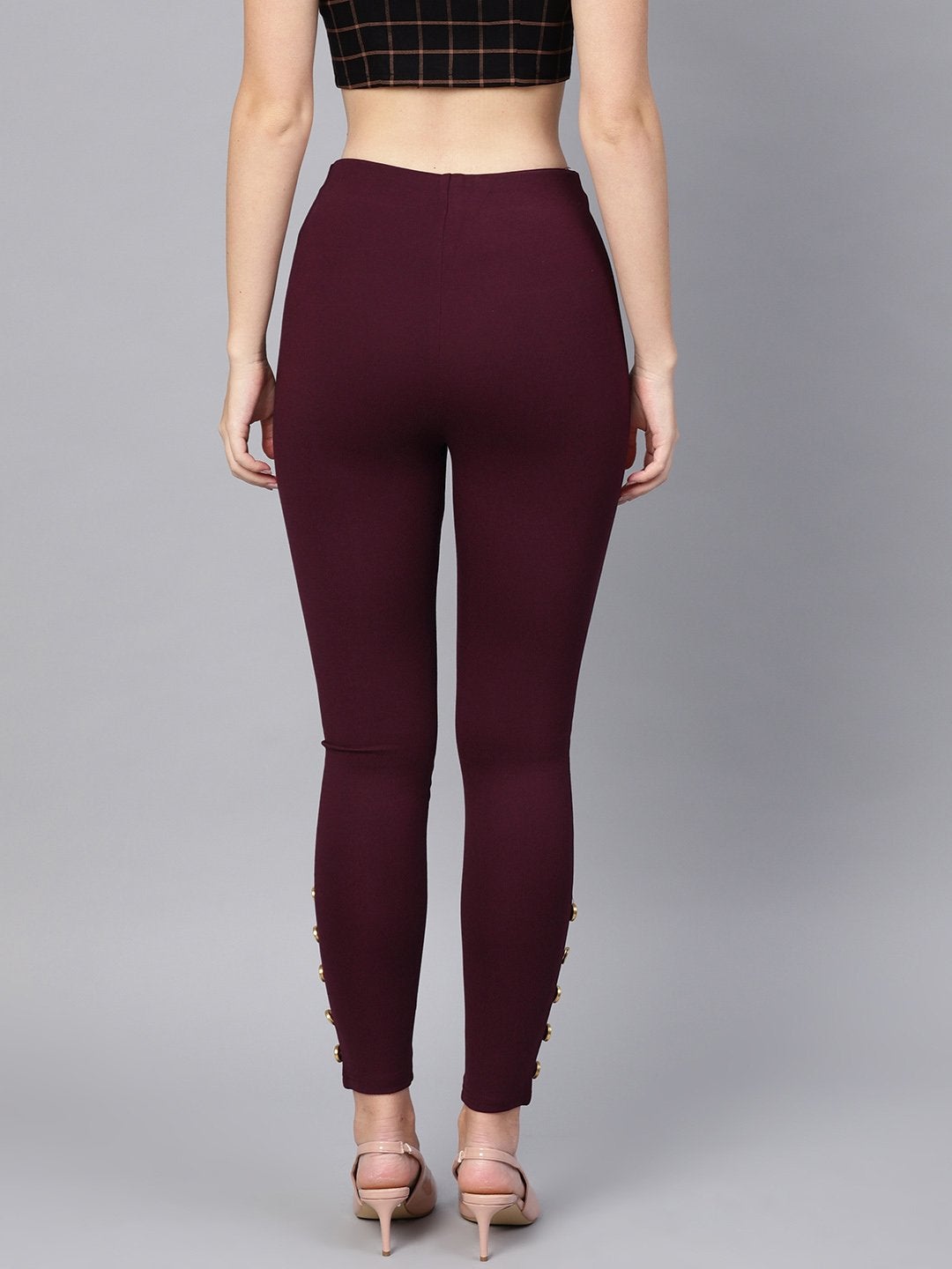Women's Wine Knitted Button Detail Jeggings