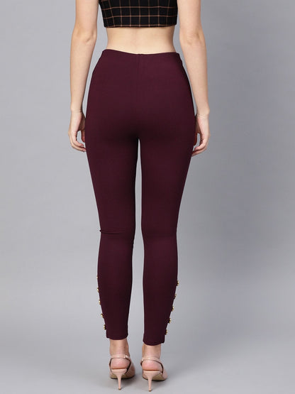 Women's Wine Knitted Button Detail Jeggings
