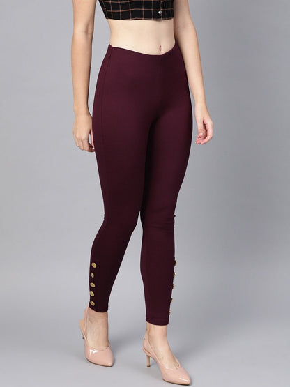 Women's Wine Knitted Button Detail Jeggings
