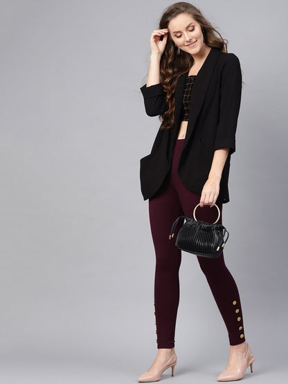 Women's Wine Knitted Button Detail Jeggings