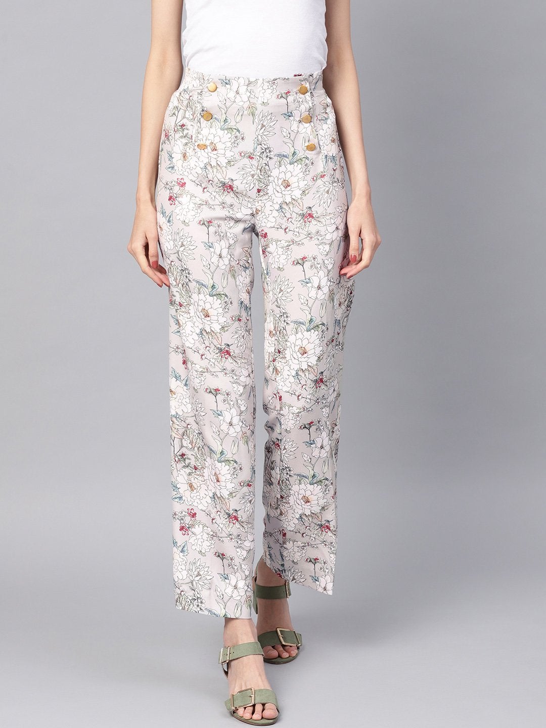 Women's Grey Floral Button Detail Pants