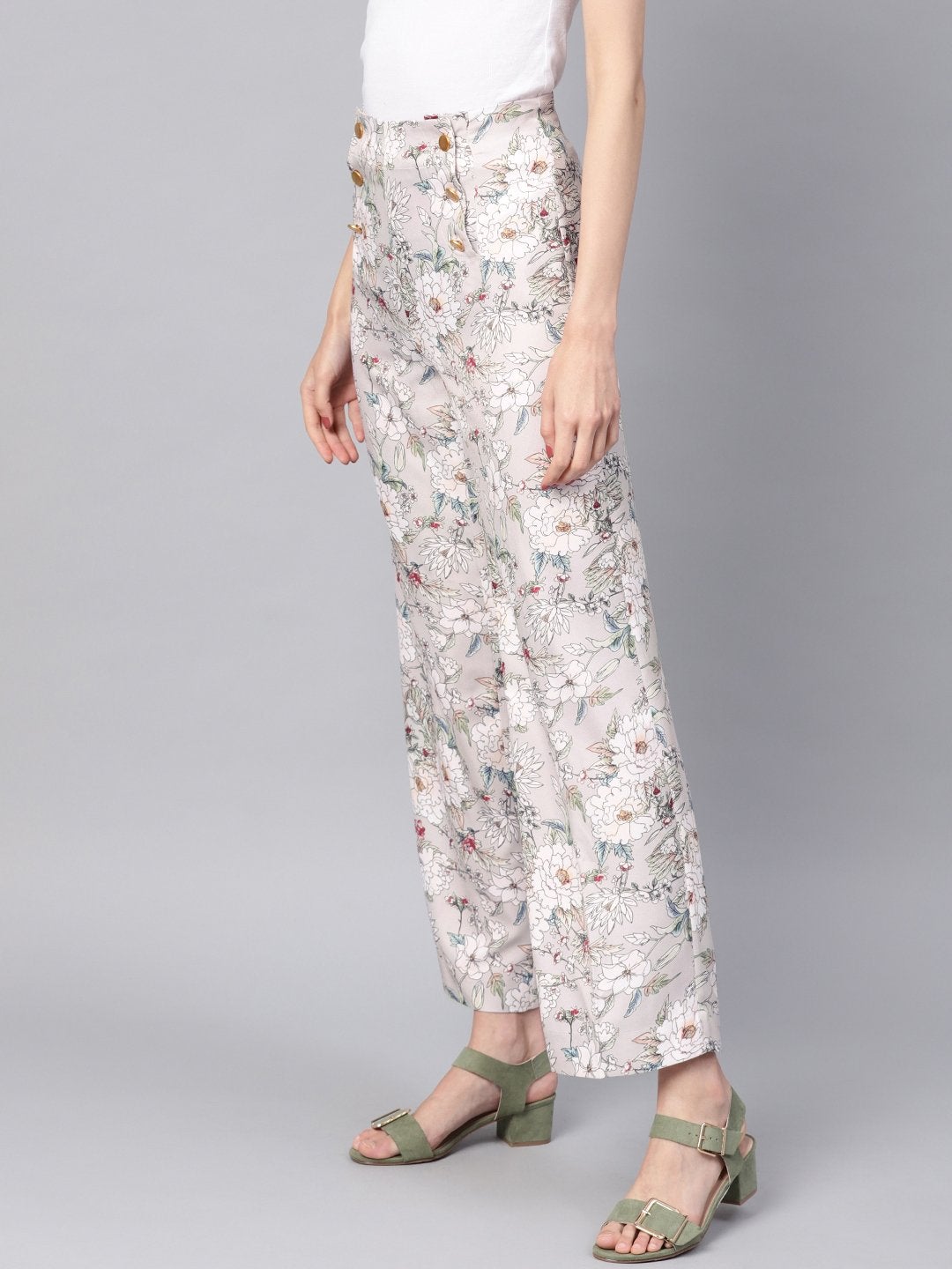 Women's Grey Floral Button Detail Pants