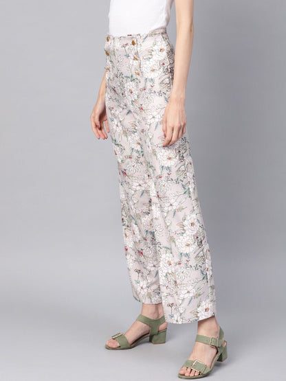 Women's Grey Floral Button Detail Pants