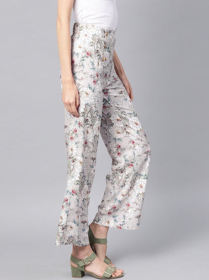Women's Grey Floral Button Detail Pants