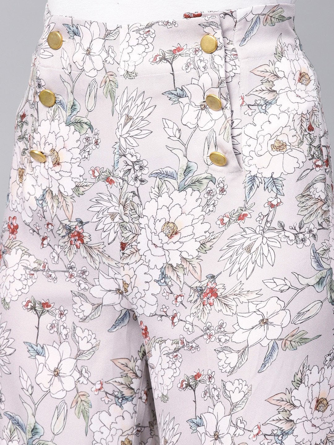 Women's Grey Floral Button Detail Pants