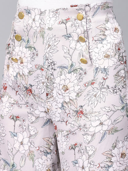 Women's Grey Floral Button Detail Pants