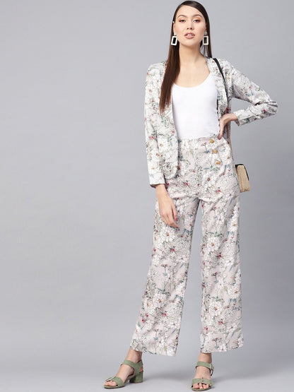 Women's Grey Floral Button Detail Pants