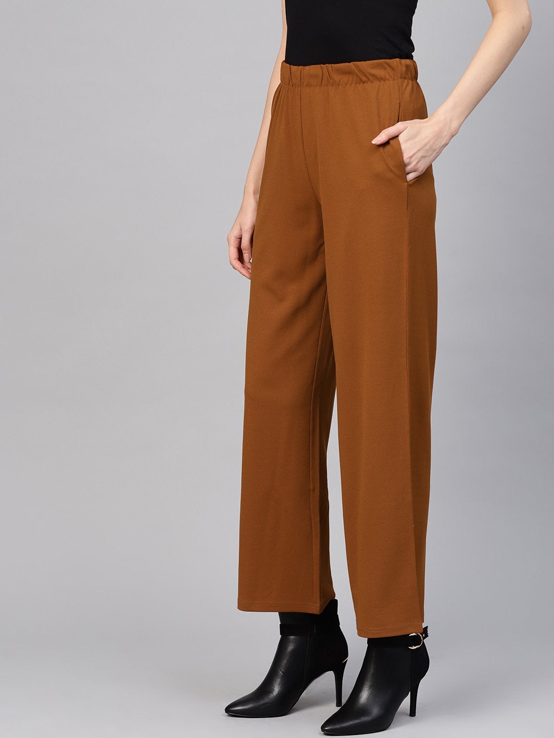 Women's Brown Inlay Pocket Palazzo Pants