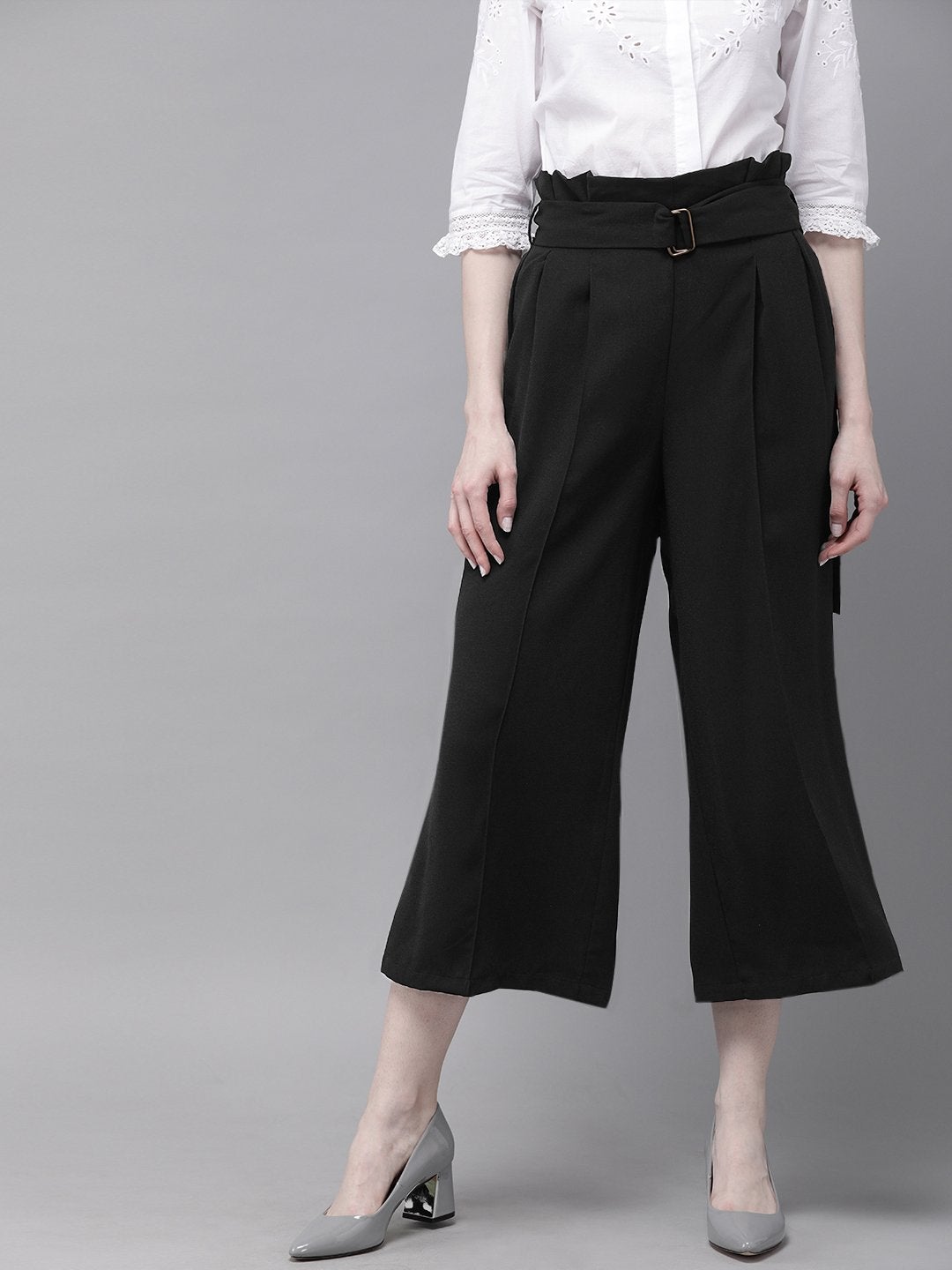 Women's Black Paper Bag Waist Culottes