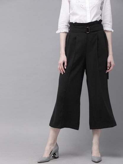 Women's Black Paper Bag Waist Culottes