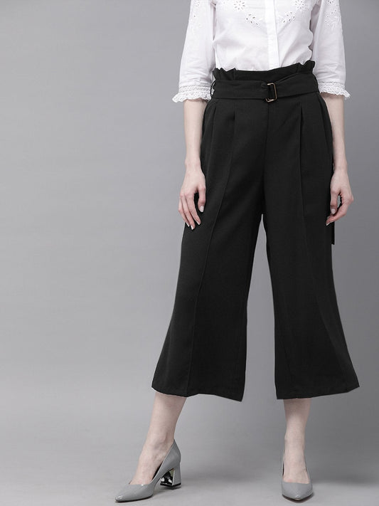 Women's Black Paper Bag Waist Culottes