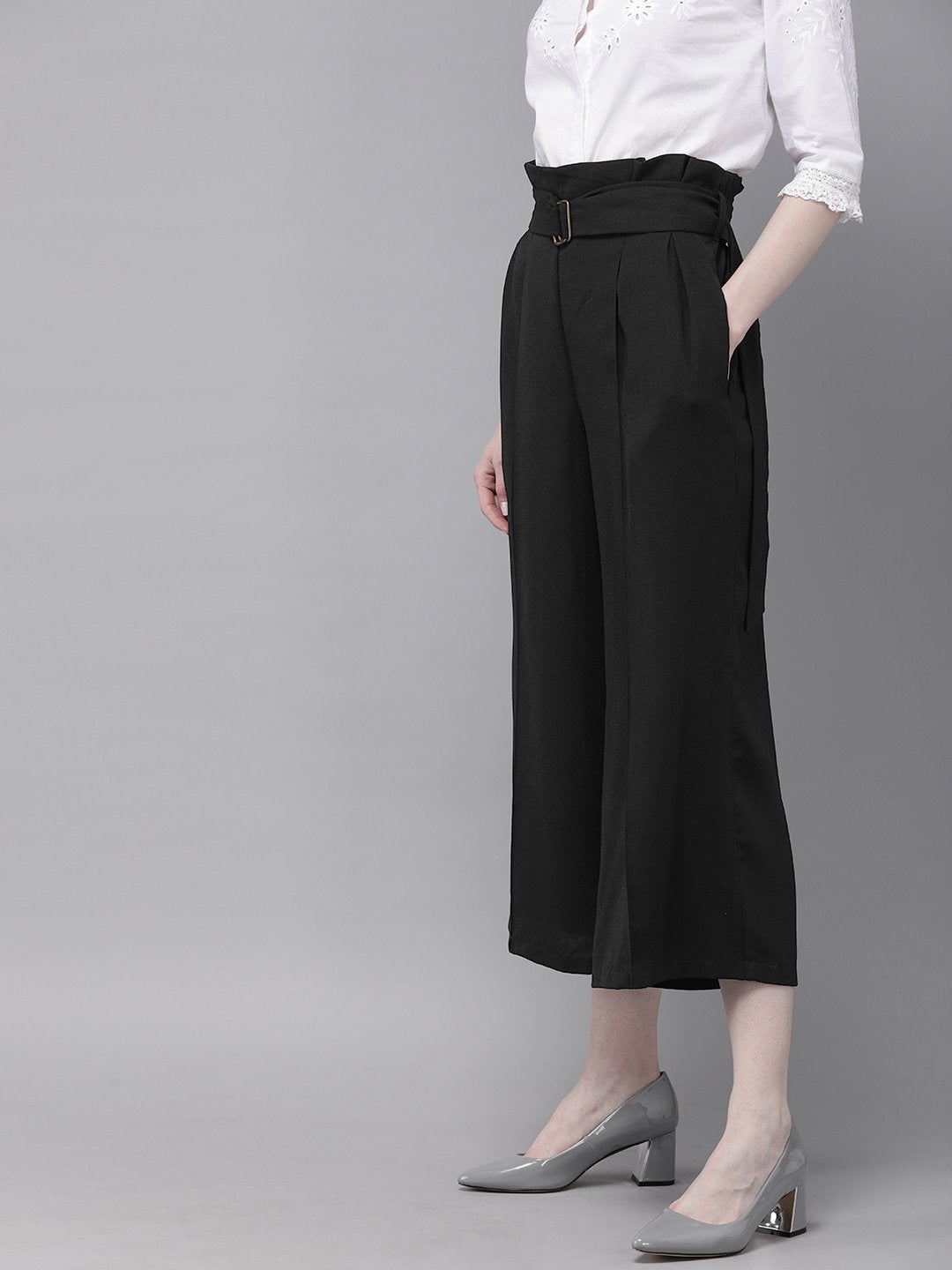 Women's Black Paper Bag Waist Culottes