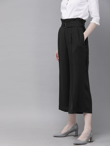 Women's Black Paper Bag Waist Culottes