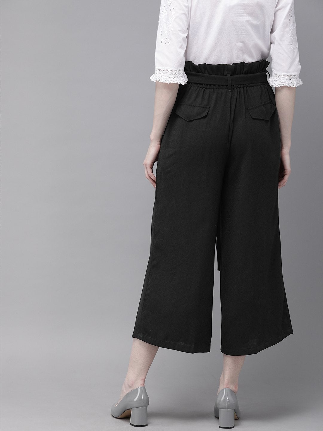 Women's Black Paper Bag Waist Culottes