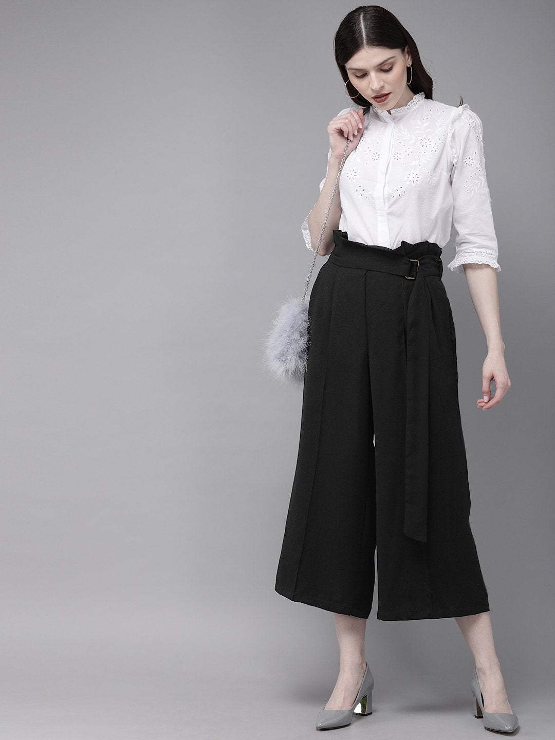 Women's Black Paper Bag Waist Culottes
