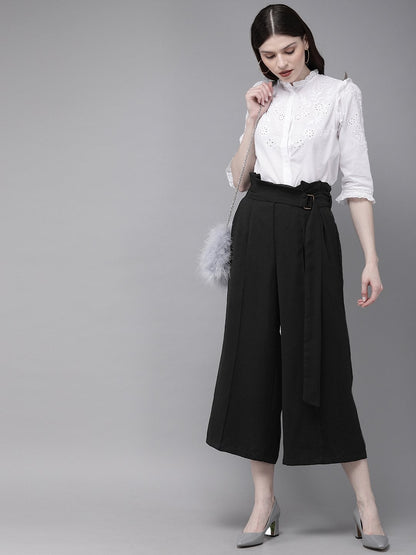 Women's Black Paper Bag Waist Culottes