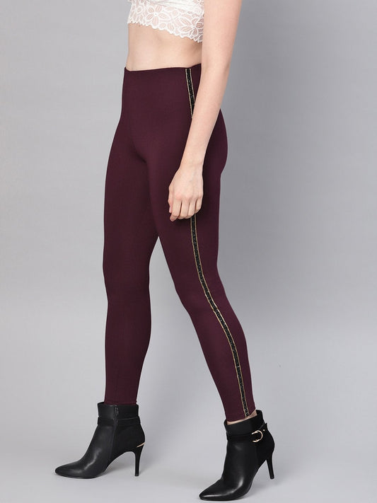 Women's Burgundy Blingy Side Tape Jegging