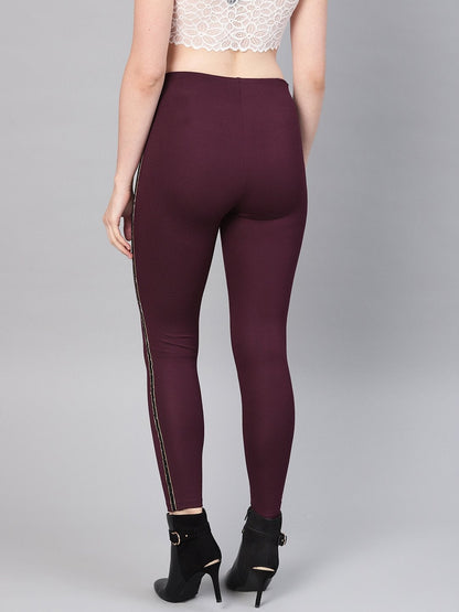 Women's Burgundy Blingy Side Tape Jegging