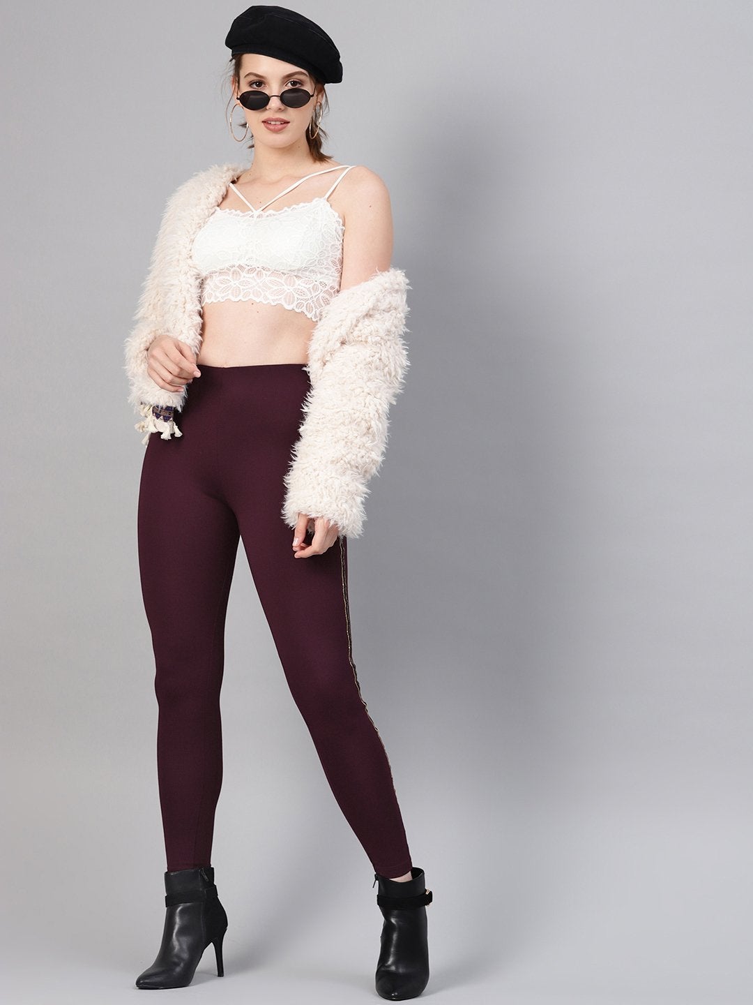 Women's Burgundy Blingy Side Tape Jegging