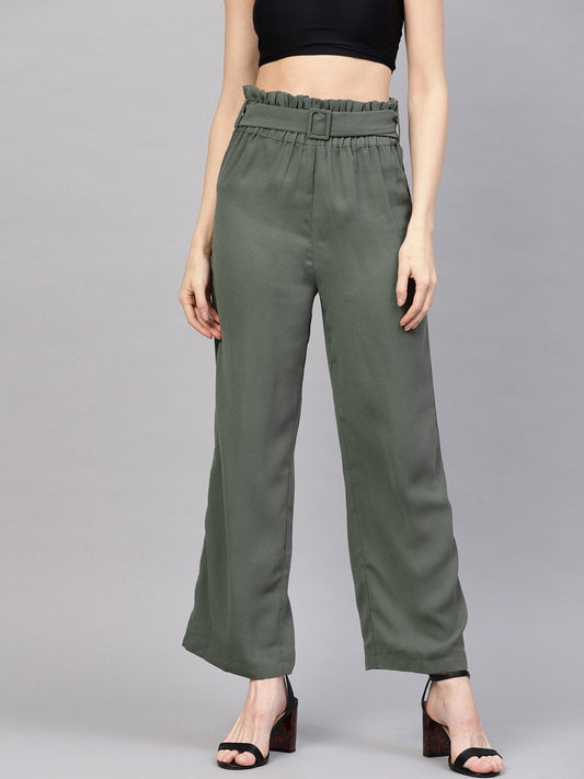 Women's Olive Paper Bag Belted Pant