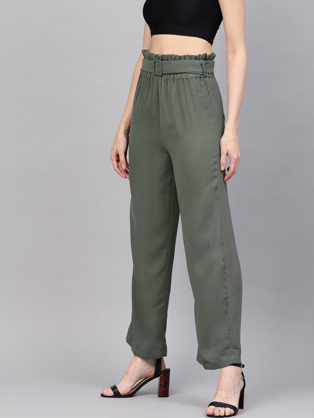Women's Olive Paper Bag Belted Pant