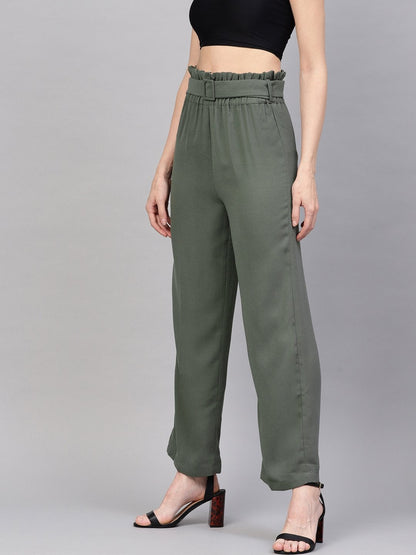 Women's Olive Paper Bag Belted Pant