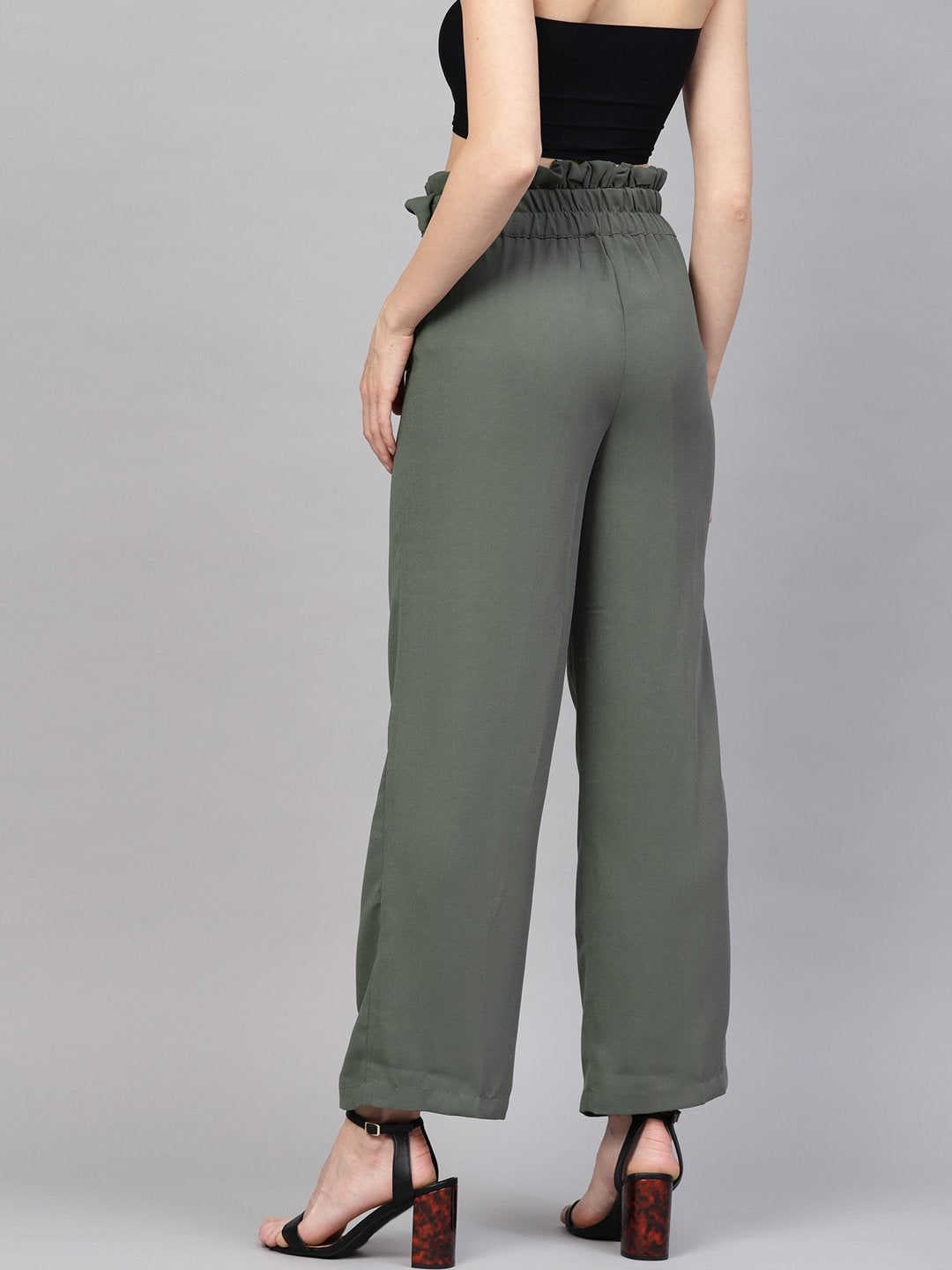 Women's Olive Paper Bag Belted Pant