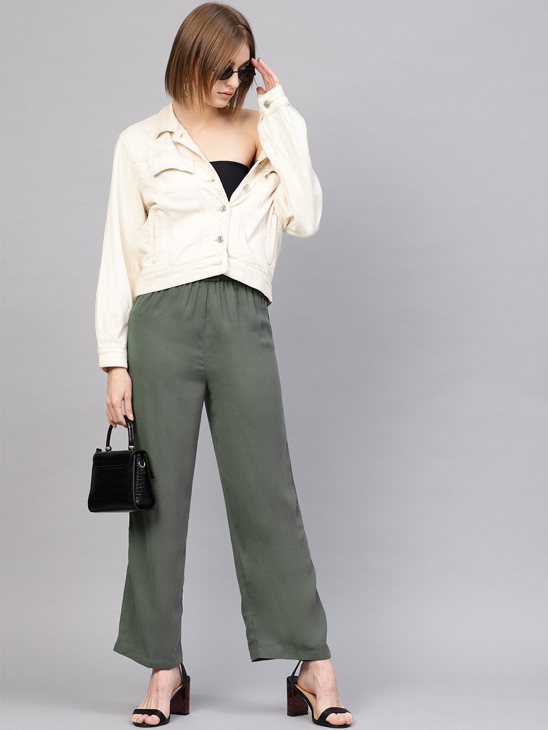 Women's Olive Paper Bag Belted Pant