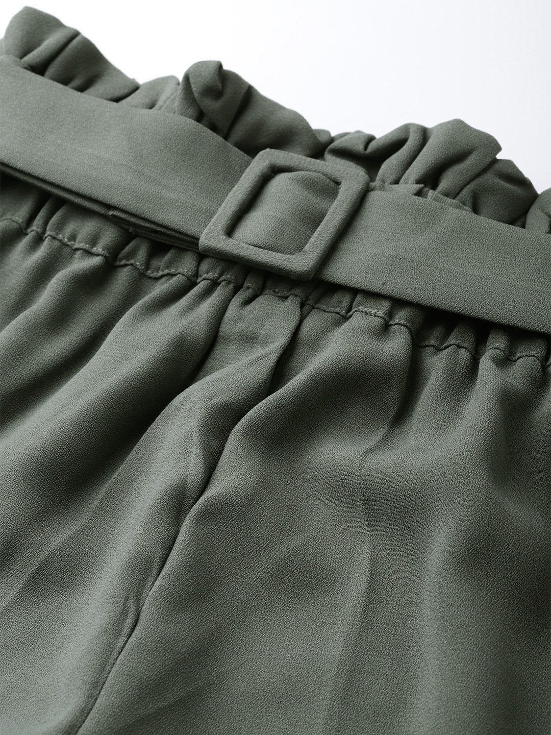 Women's Olive Paper Bag Belted Pant