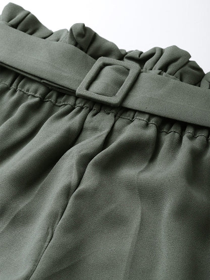 Women's Olive Paper Bag Belted Pant