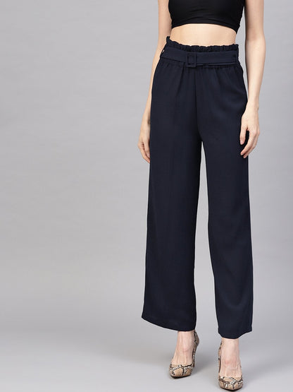 Women's Navy Paper Bag Belted Pant