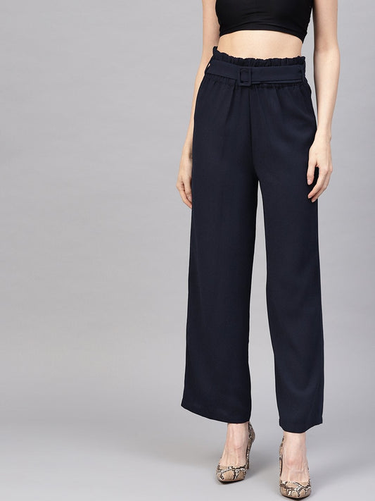 Women's Navy Paper Bag Belted Pant