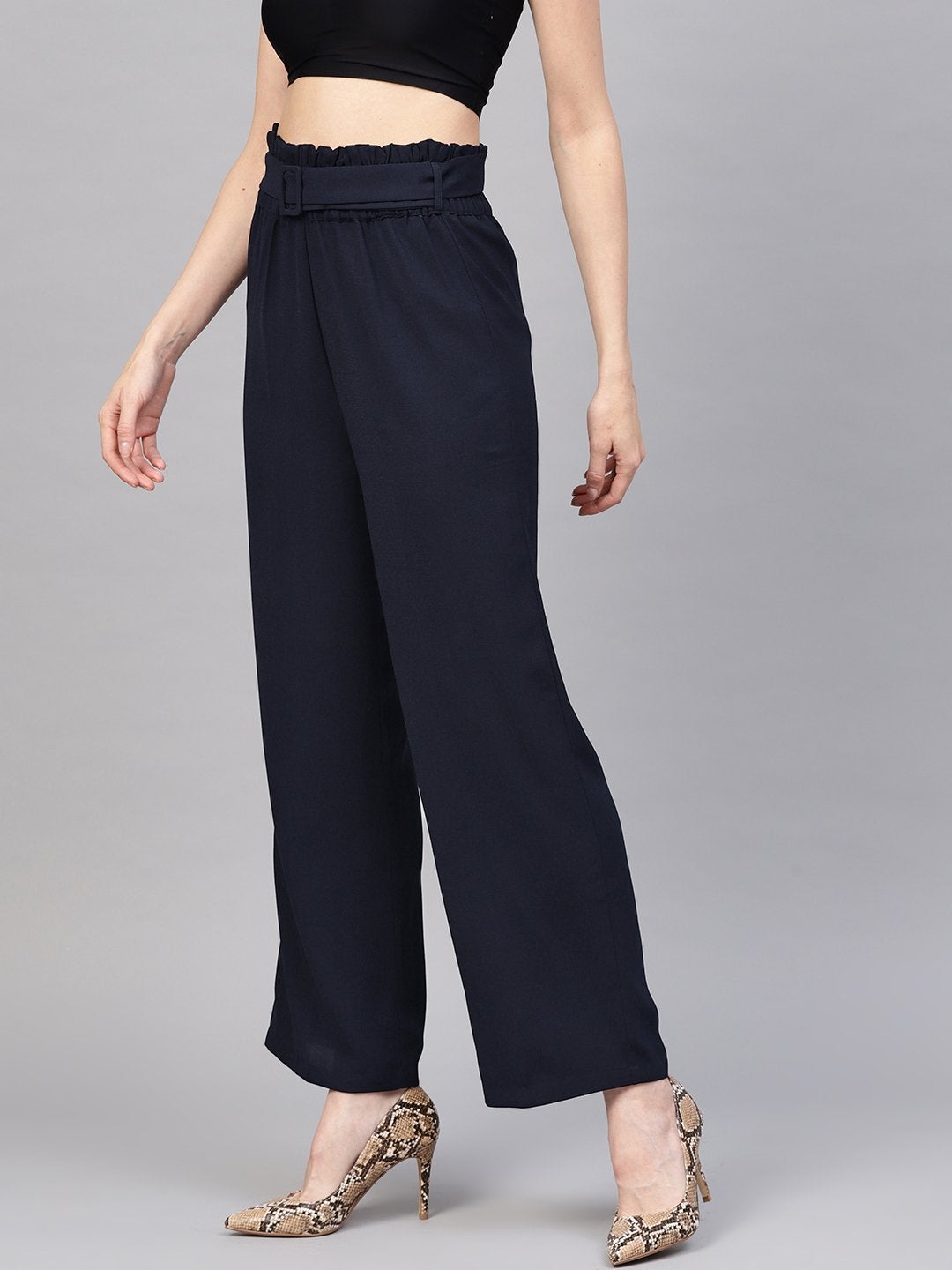 Women's Navy Paper Bag Belted Pant