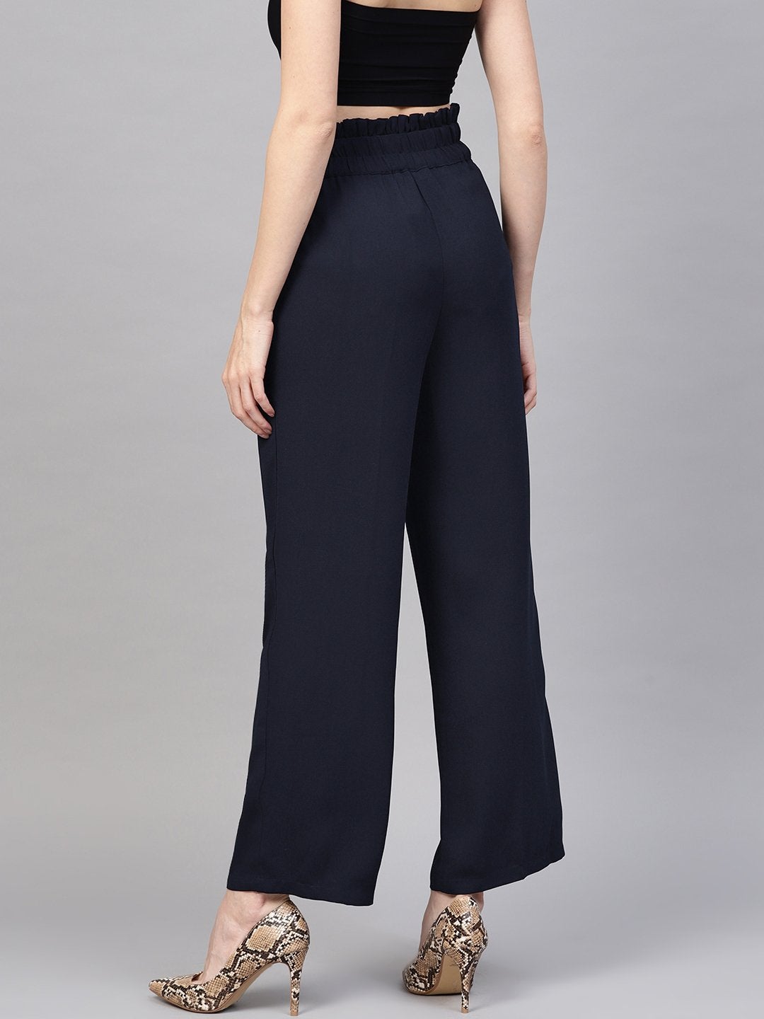 Women's Navy Paper Bag Belted Pant