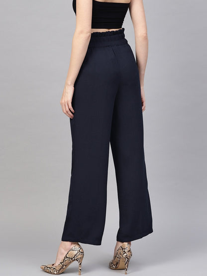 Women's Navy Paper Bag Belted Pant