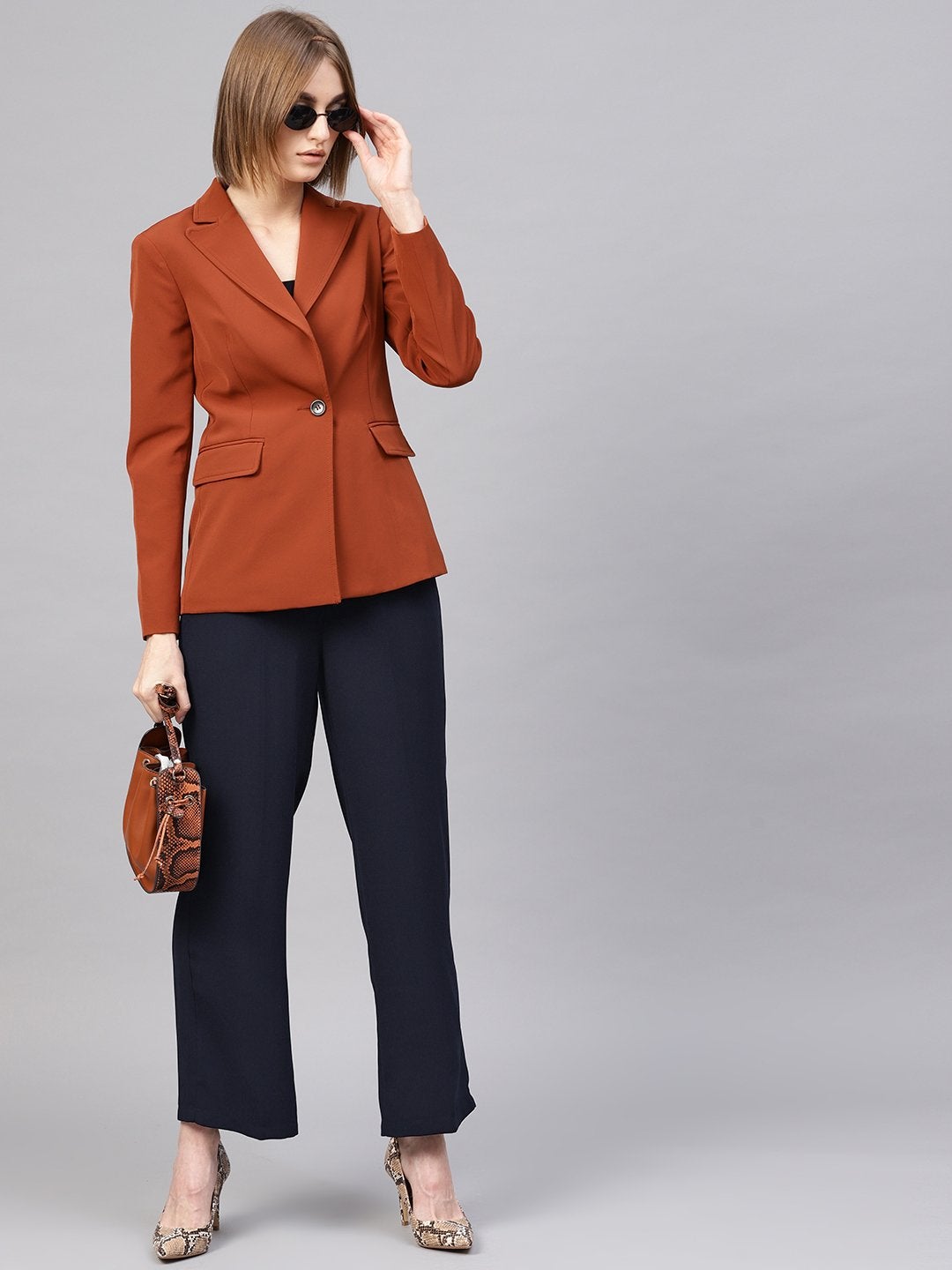 Women's Navy Paper Bag Belted Pant
