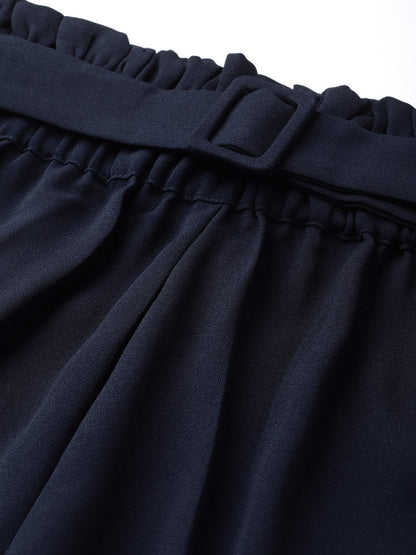 Women's Navy Paper Bag Belted Pant