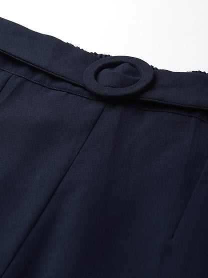 Women's Navy Flared Buckle Belted Pant
