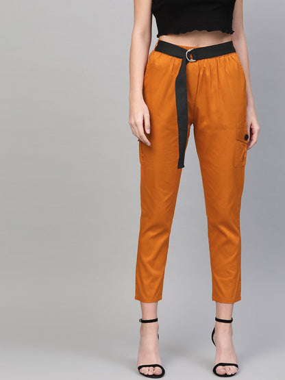 Women's Orange Tapered Belted Pants