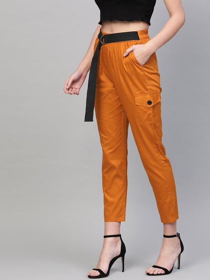 Women's Orange Tapered Belted Pants