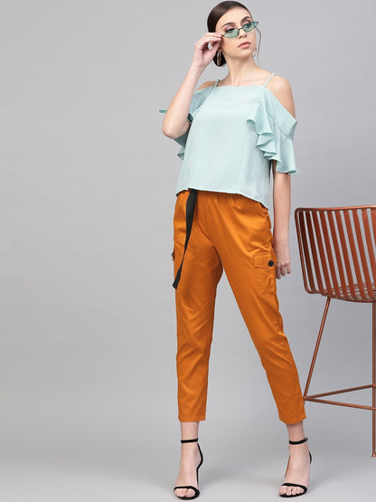 Women's Orange Tapered Belted Pants