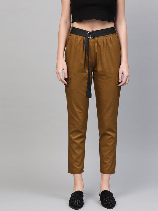 Women's Brown Tapered Belted Pants
