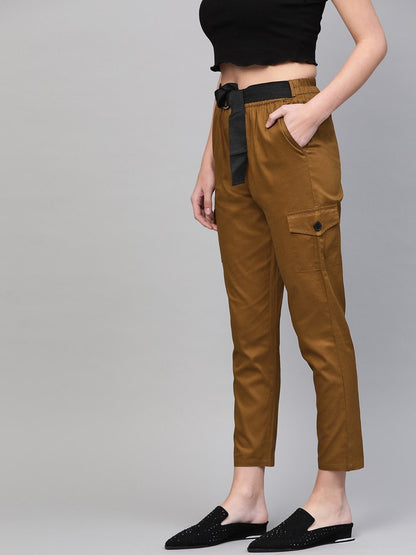 Women's Brown Tapered Belted Pants