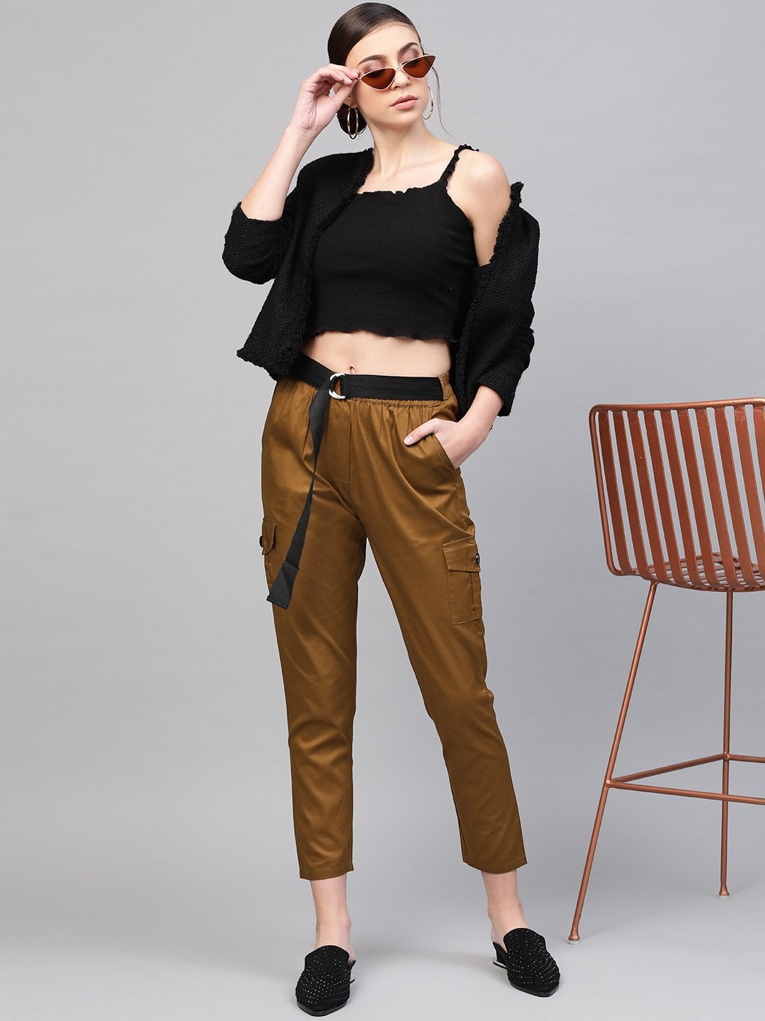 Women's Brown Tapered Belted Pants